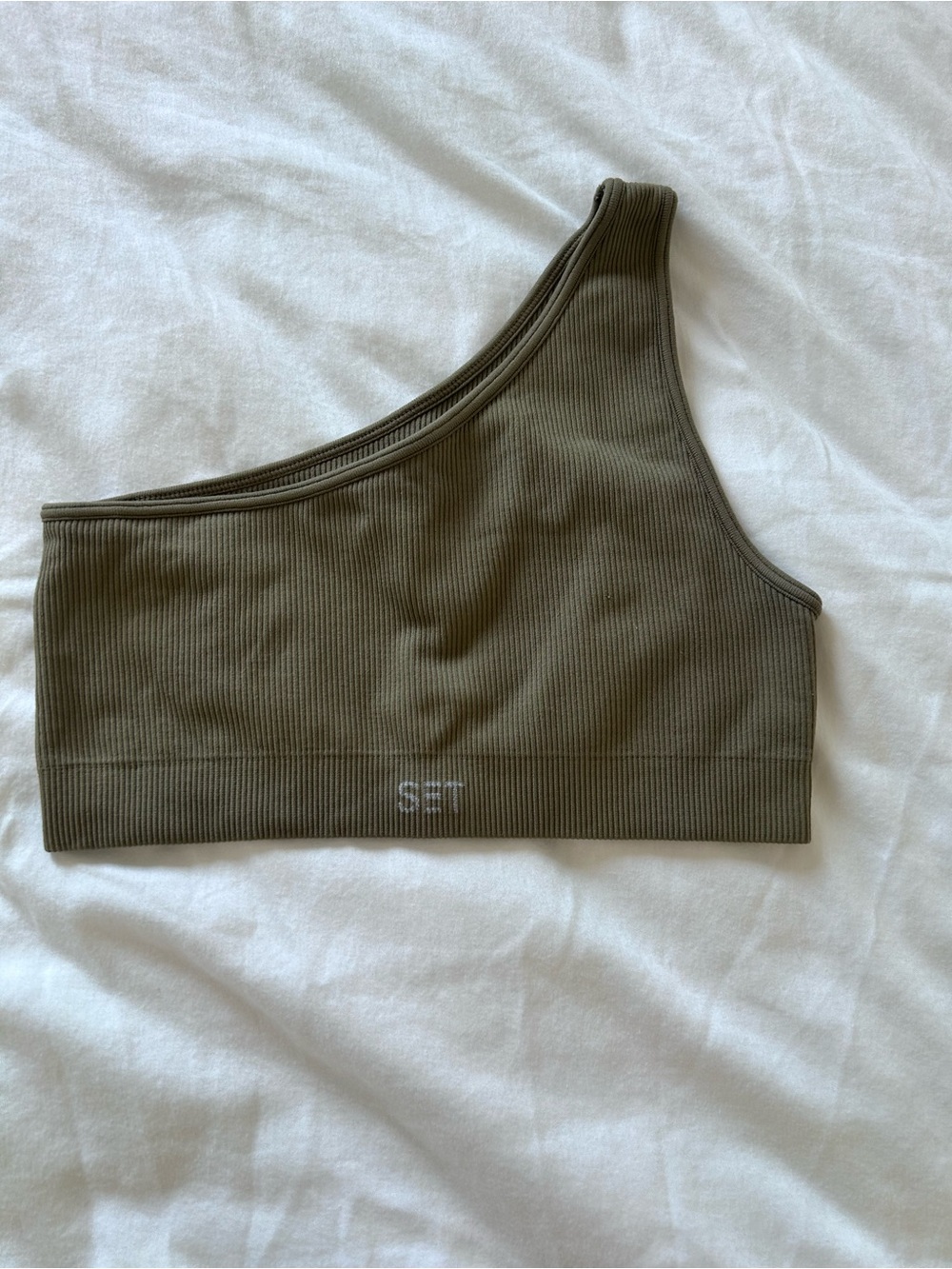 SET Active One-Shoulder Ribbed Crop Top in Olive Green and Ribbed Leggings